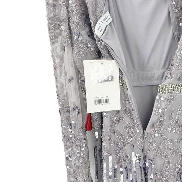 Mac Duggal Mesh Sequin Long Sleeve Belted Tea Dress Vintage Lilac Size 18 NWT - Picture 5 of 13